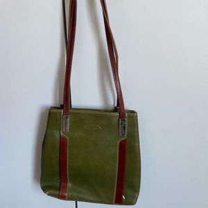 Green Italian leather bag from italy with brown straps and many zipper pockets
